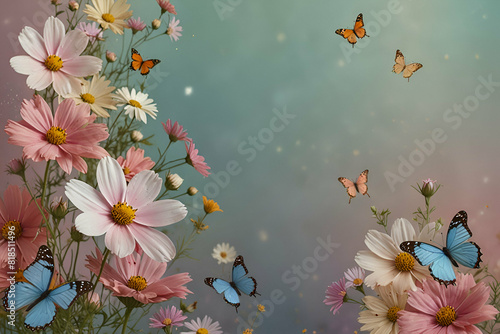 Floral abstract pastel background Colorful cosmos flowers and butterflies in soft style © rutchakon