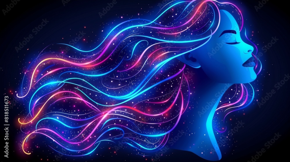 Vibrant Digital Art of a Woman with Flowing Neon Hair in Blue and Pink Hues on a Dark Background, Capturing a Futuristic Aesthetic Vibrant Digital Art of a Woman with Flowing Neon Hair in Blue and Pink Hues on a Dark Background, Capturing a Futuristic Aesthetic