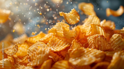 Explosive Burst of Crunchy  Salty Potato Chip Fragments  Crumbs  and Pieces Scattered Across a Clean  Bright White Background. Tempting Snack Food Texture and Composition for Advertising  Packaging  a