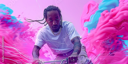 Vibrant Hip-Hop Art: Male Rapper with Colorful Blue and Pink Smoke Background on Bicycle, Expressing Creativity and Street Style
