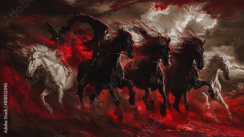 ominous four horsemen of the apocalypse white for conquest red for war black for famine pale for death digital painting photo