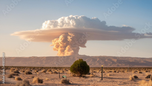 A vast mushroom cloud rises above a barren desert region photo