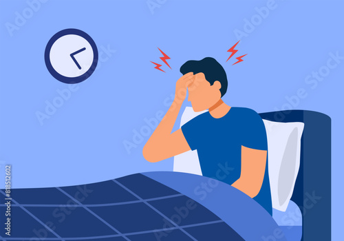 Morning migraine, chronic fatigue and nervous tension, stress or insomnia concept. Young man with strong headache, tired and exhausted guy holding head.