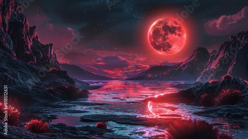 mystical landscape under red moonlight surreal fantasy scenery ai generated illustration