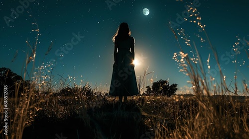 Silhouette of a woman standing in a field at night, gazing at the moon and stars, with a serene landscape in the background.