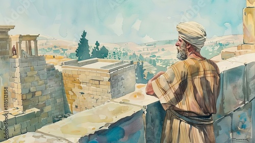ezra overseeing the rebuilding of the temple in jerusalem old testament watercolor illustration bible story art photo