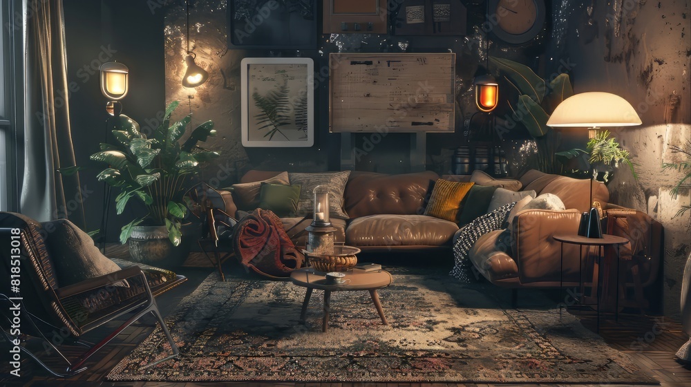 cozy living room with a leather couch, coffee table, and plants. There is a lamp on the side table and a fern print on the wall.