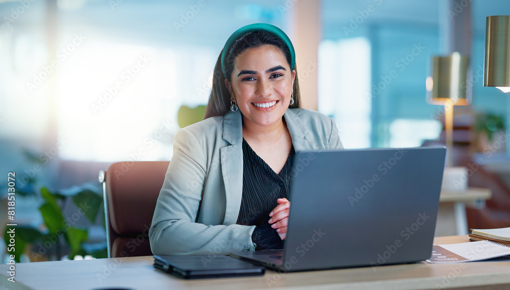 Portrait, office and woman with laptop, smile and confidence with connection, internet and planning. Happy research, networking and girl with computer, financial administration and consulting at desk Portrait, office and woman with laptop, smile and confidence with connection, internet and planning. Happy research, networking and girl with computer, financial administration and consulting at desk