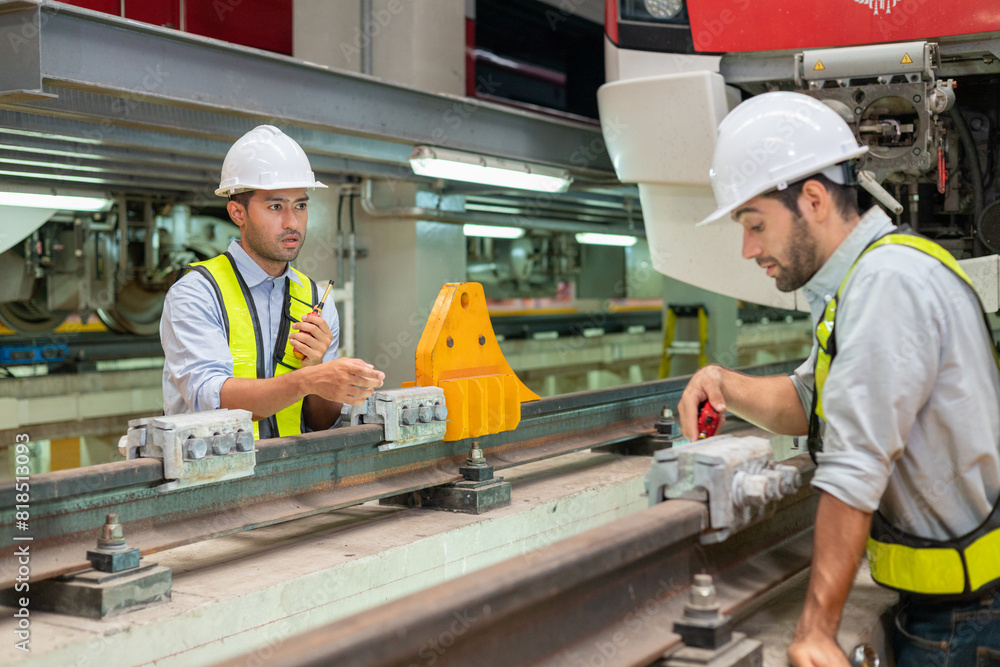 Engineers check the readiness of electric train tracks at the maintenance factory. Engineers check the readiness of electric train tracks at the maintenance factory.