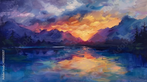 majestic sunset over silhouetted mountains landscape oil painting © Bijac