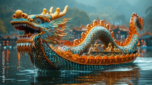 Clean, elegant dragon boat on still water during Dragon Boat Festival photo