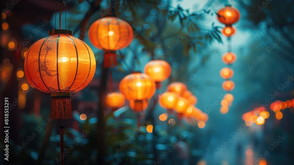 Red lanterns glowing softly during Mid-Autumn Festival Red lanterns glowing softly during Mid-Autumn Festival