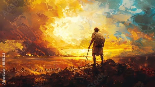 triumph of david over goliath in dramatic sunset battlefield oil painting illustration photo