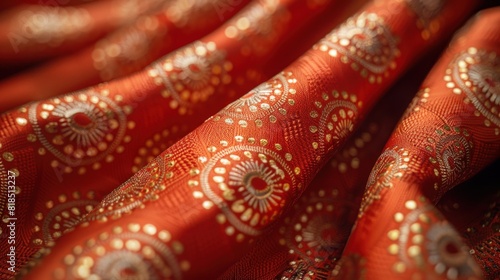 Minimalist red silk fabric with intricate gold patterns