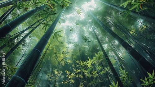 Deep bamboo forest, strong sense of space, falling bamboo leaves. Generative AI. photo