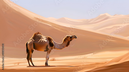 Visual of camel in desert dry landscape tranquil expanse solitude exploration scenery with blue sky background