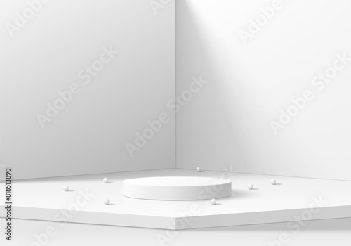 3D white product podium background on cube desk in corner clean room. Abstract composition in minimal design. 3D studio showroom product pedestal, Fashion showcase mockup scene. Vector showcase design