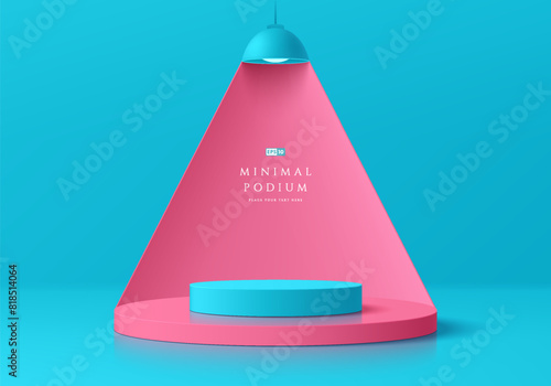 3D blue product podium background with pink curve backdrop, hanging lamp. Abstract composition minimal design. Studio showroom product pedestal, Fashion showcase mockup scene. Vector banner showcase.