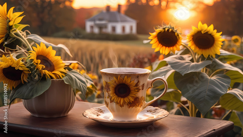 Morning Glow: A Victorian Cup of Coffee and Sunflowers Bathed in Autumn's Light
