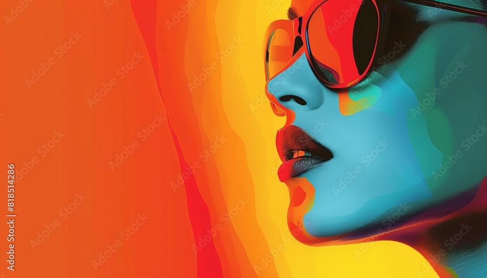 Vibrant digital art of a stylish woman in sunglasses, showcasing colorful abstract design elements and modern aesthetics with a bold color palette. Vibrant digital art of a stylish woman in sunglasses, showcasing colorful abstract design elements and modern aesthetics with a bold color palette.