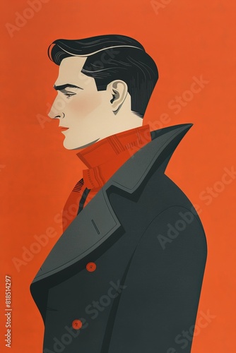 Stylized illustration of a man in a coat and scarf, side profile view with an orange background.