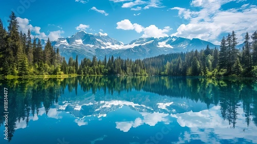 tranquil lake reflecting majestic snowcapped mountains idyllic landscape scenery photo
