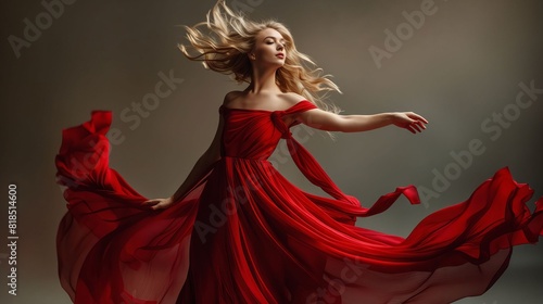 A beautiful woman in a red dress dancing.