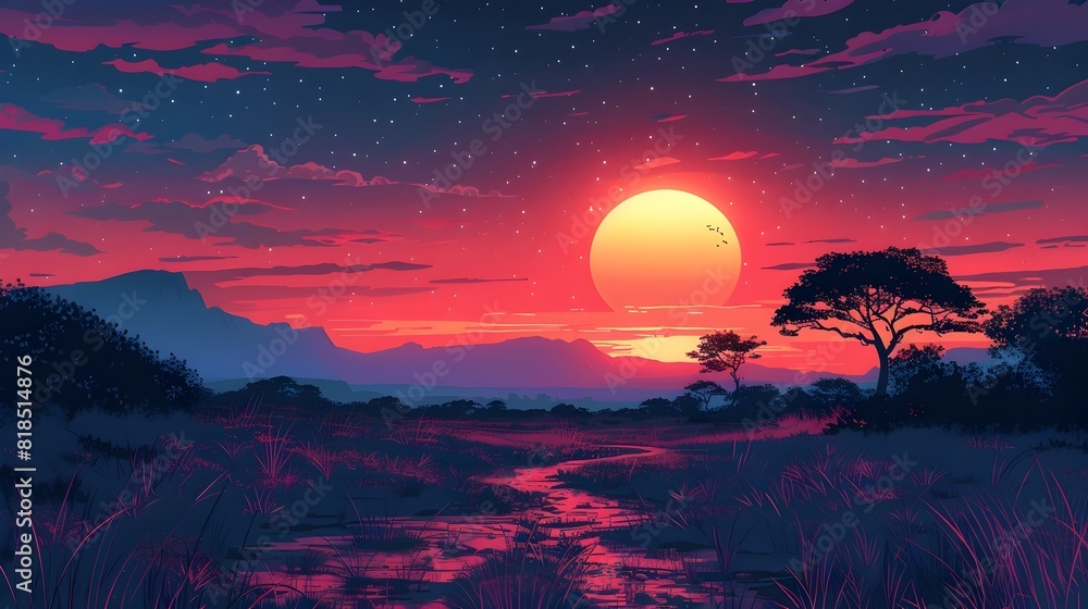 Vibrant Sunset Over Serene African Savanna Landscape