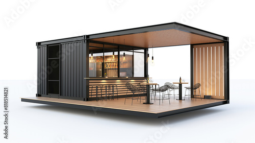 Converted old shipping containers into mini cafes isolated on a white background