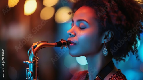 A woman playing a saxophone in a night club.