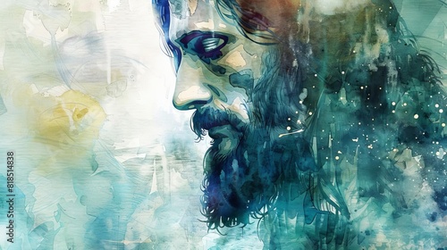 pensive jesus christ with long beard and mustache on abstract background watercolor painting photo