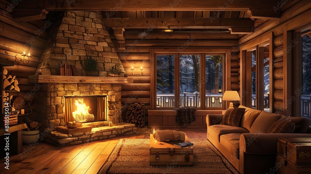 cozy rustic cabin interior with fireplace and warm lighting inviting lodge atmosphere photorealistic 3d rendering