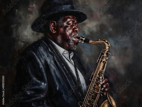 A painting of a man playing a saxophone.