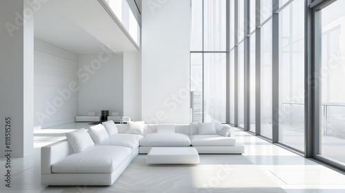 An all-white  modern living room with a large sectional sofa and floor-to-ceiling windows.