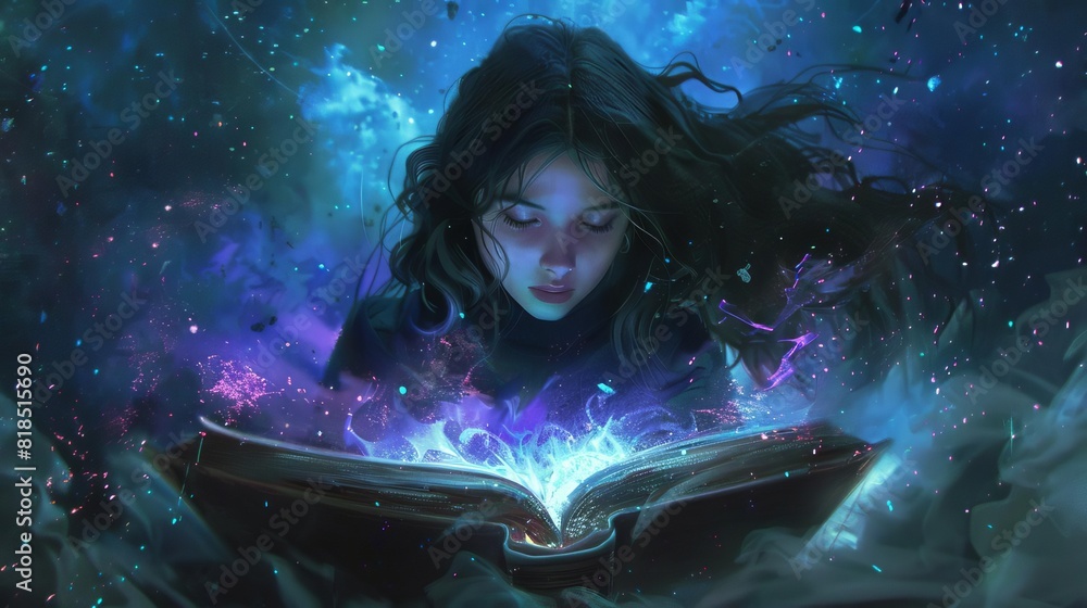 enigmatic anime girl immersed in ancient cursed spell book dark fantasy enigmatic anime girl immersed in ancient cursed spell book dark fantasy