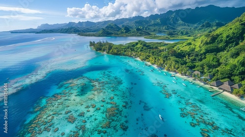 stunning aerial view of turquoise lagoon and lush island in french polynesia tropical paradise in south pacific high resolution photo photo