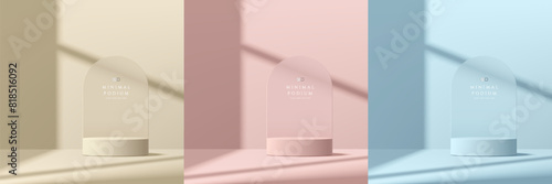 Set of 3D product podium background in blue, light pink, beige color with window light, shadow. Abstract composition in minimal design. Studio showroom product pedestal, Fashion showcase mockup scene.