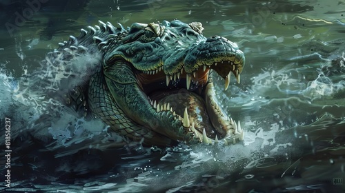menacing saltwater crocodile lurking in murky waters showcasing its fierce predatory nature digital painting