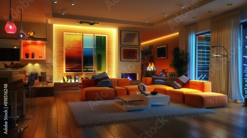 /imagine: prompt living room with large couch, fireplace, and colorful wall art © Mrzproducer