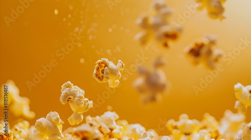 Crisp and Vibrant Popcorn Floating Against Bright Yellow Background in Natural Lighting