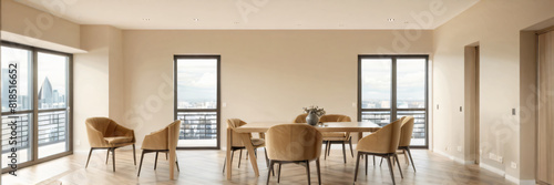 Modern interior design of apartment  dining room with table and chairs  empty living room with beige wall  panorama.