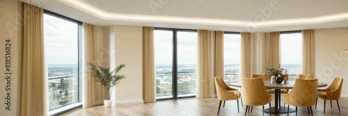 Modern interior design of apartment  dining room with table and chairs  empty living room with beige wall  panorama.