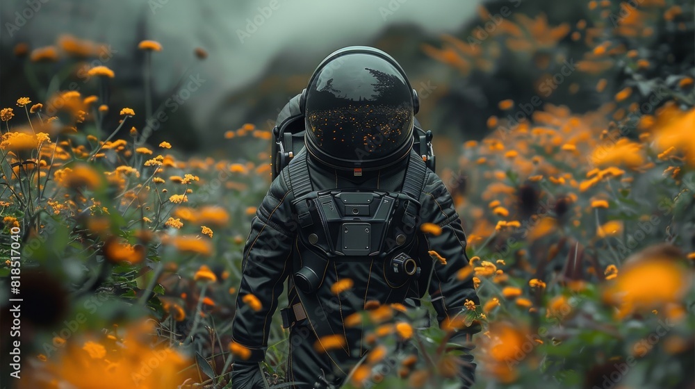 A man wearing a black futuristic astronaut suit exploring the garden. Generative AI. A man wearing a black futuristic astronaut suit exploring the garden. Generative AI.