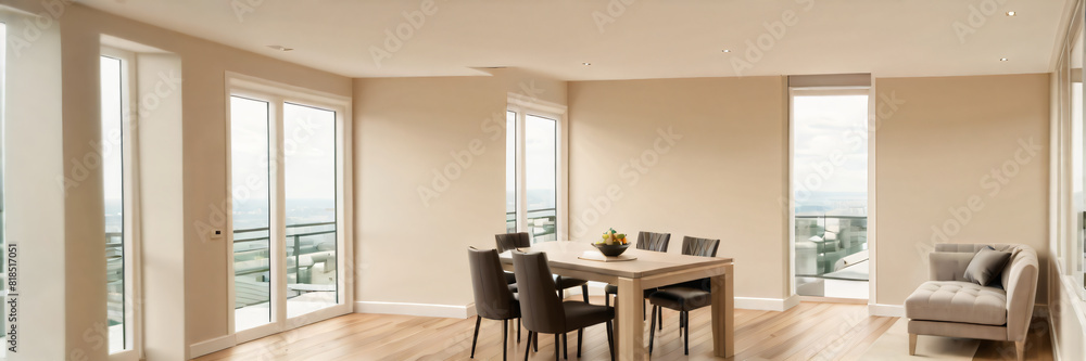 Fototapeta premium Modern interior design of apartment, dining room with table and chairs, empty living room with beige wall, panorama.