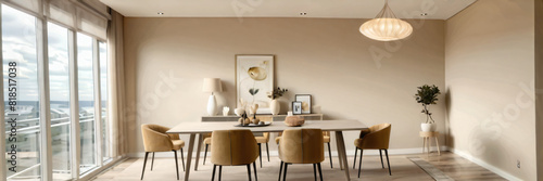 Modern interior design of apartment  dining room with table and chairs  empty living room with beige wall  panorama.