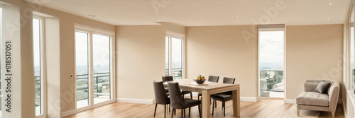 Modern interior design of apartment  dining room with table and chairs  empty living room with beige wall  panorama.