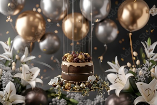 Decadent Chocolate Birthday Cake Floating Amidst Swirling Metallic Balloons and Cascading Floral Garland photo