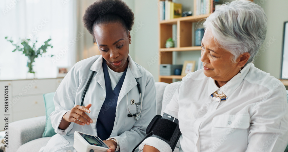 Senior, woman and doctor with consultation for blood pressure with hypertension diagnosis, medical test or cardiovascular. Elderly patient, nurse and monitor in nursing home for healthcare assessment Senior, woman and doctor with consultation for blood pressure with hypertension diagnosis, medical test or cardiovascular. Elderly patient, nurse and monitor in nursing home for healthcare assessment