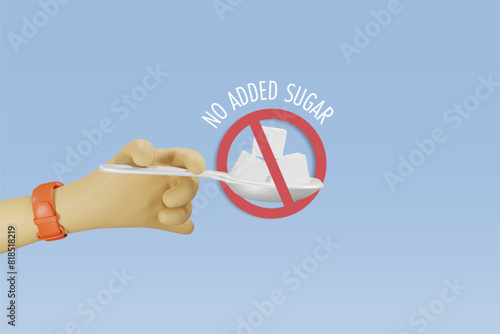 No added sugar, eat less sugar concept. Hand holding sugar cubes with stop sign. Eat less sweet, sugar free for health. 3D cute cartoon character.	