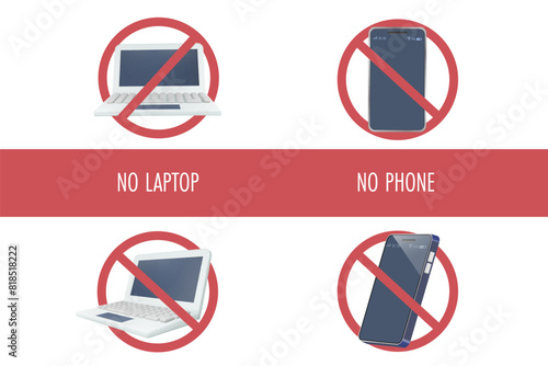 No laptop, no phone with stop sign. Electric devices not allowed in prohibited area. 3D vector.
 photo
